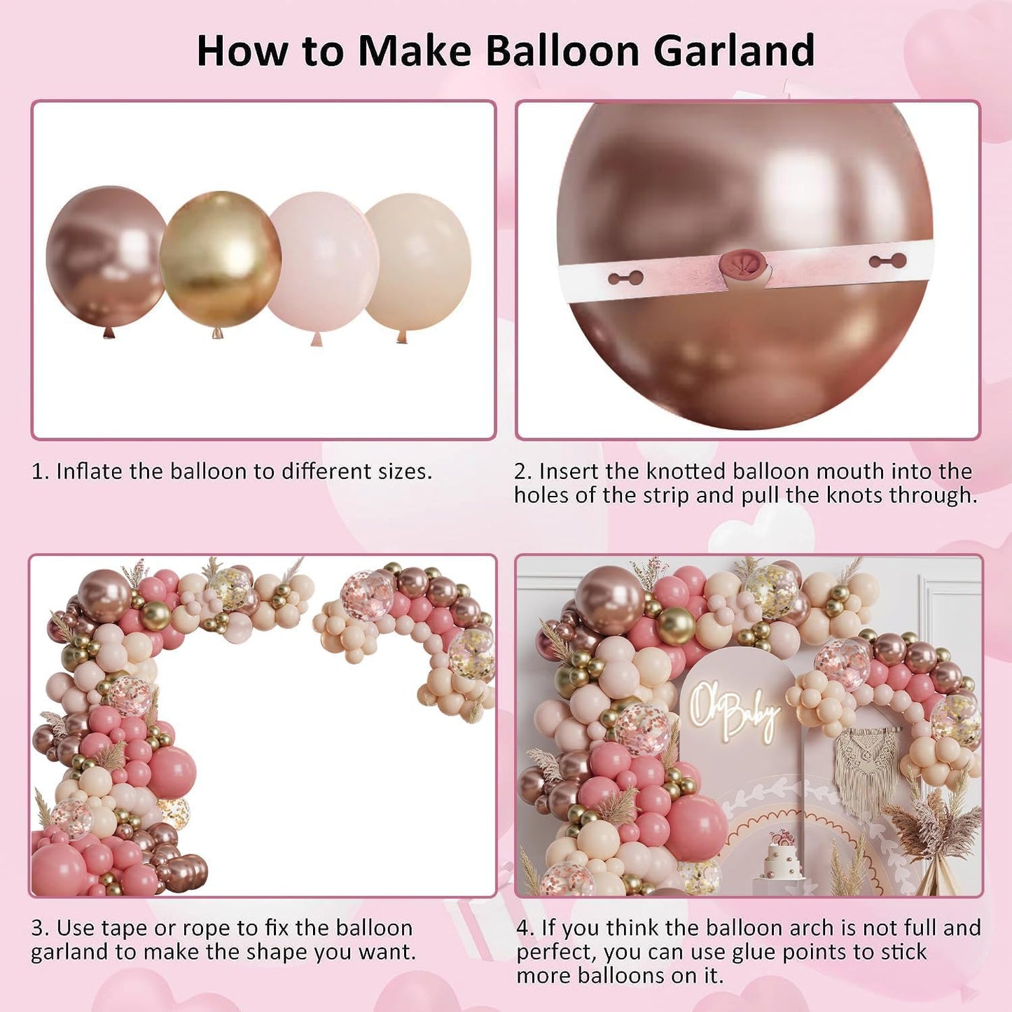 Pink Gold White Balloon Arch Kit - 144 PCs Pastel Light Pink and Beige Sand White Gold Chrome Balloons for Mothers Day Girls Women Birthday Bridal Shower Engagement Wedding Party Decorations