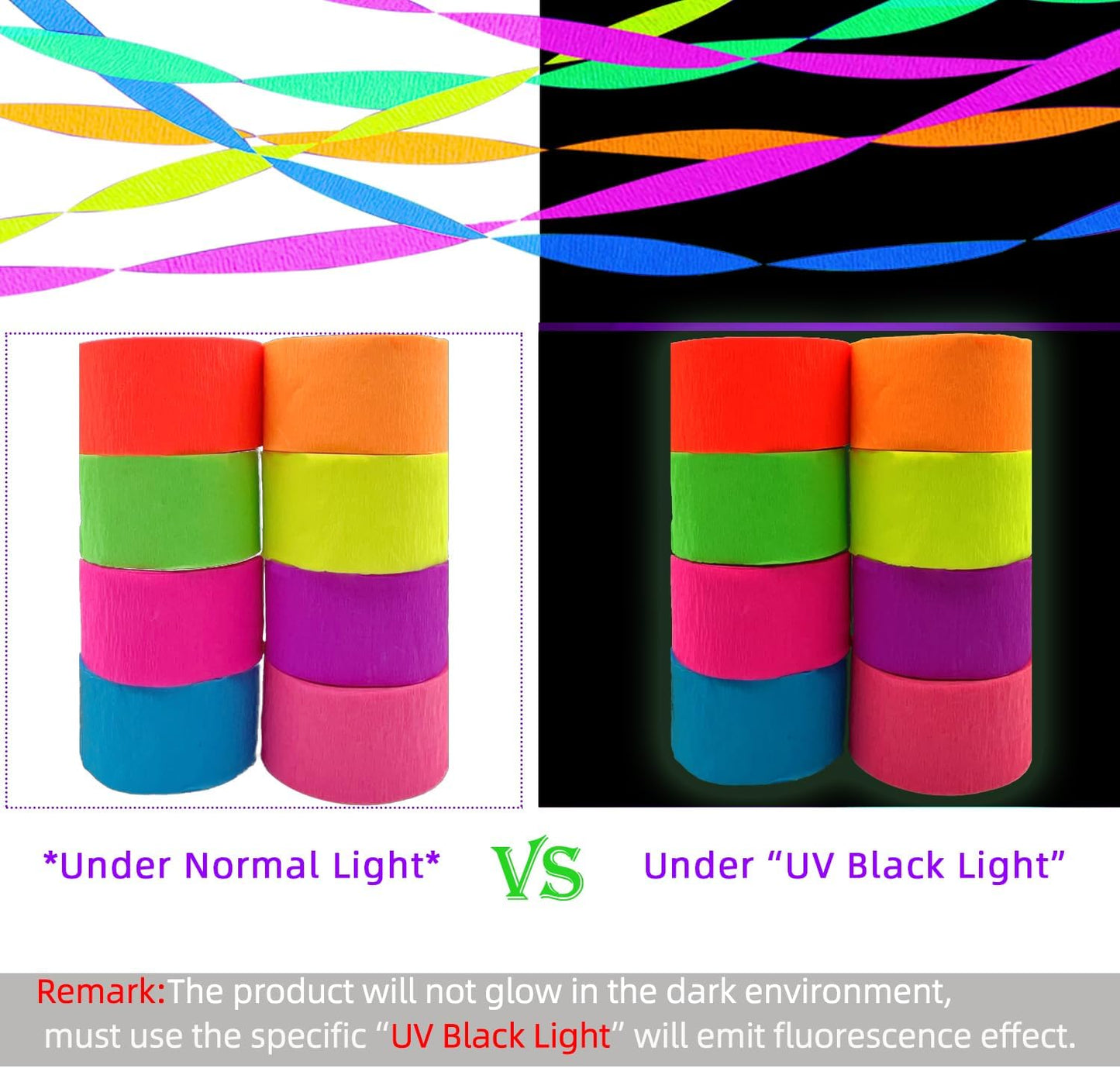 600 feet Glow Crepe Paper Streamers UV Glow Party Neon Streamer Decorations Glow in The Dark Black Light Reactive Fluorescent Neon Paper Party Streamers Wedding Birthday Blacklight Party Supplies