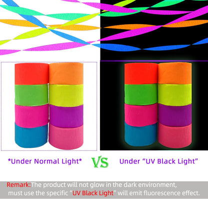 600 feet Glow Crepe Paper Streamers UV Glow Party Neon Streamer Decorations Glow in The Dark Black Light Reactive Fluorescent Neon Paper Party Streamers Wedding Birthday Blacklight Party Supplies