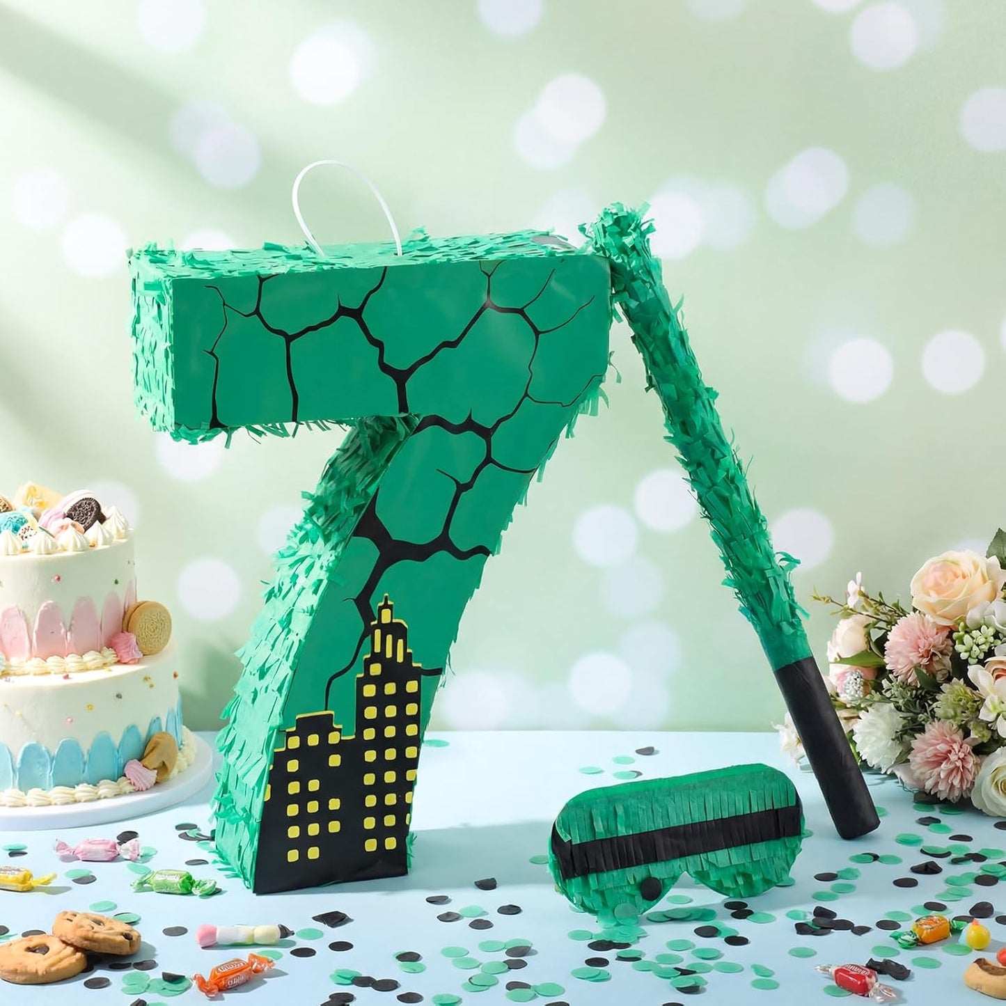 Poen Large Green Turtle Piñata Party Decoration Supplies Number 4 5 6 7 Piñata with Blindfold Stick and Confetti for Turtle Theme Birthday Party Baby Shower Photo Props Decoration(Number 7)