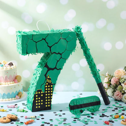 Poen Large Green Turtle Piñata Party Decoration Supplies Number 4 5 6 7 Piñata with Blindfold Stick and Confetti for Turtle Theme Birthday Party Baby Shower Photo Props Decoration(Number 7)