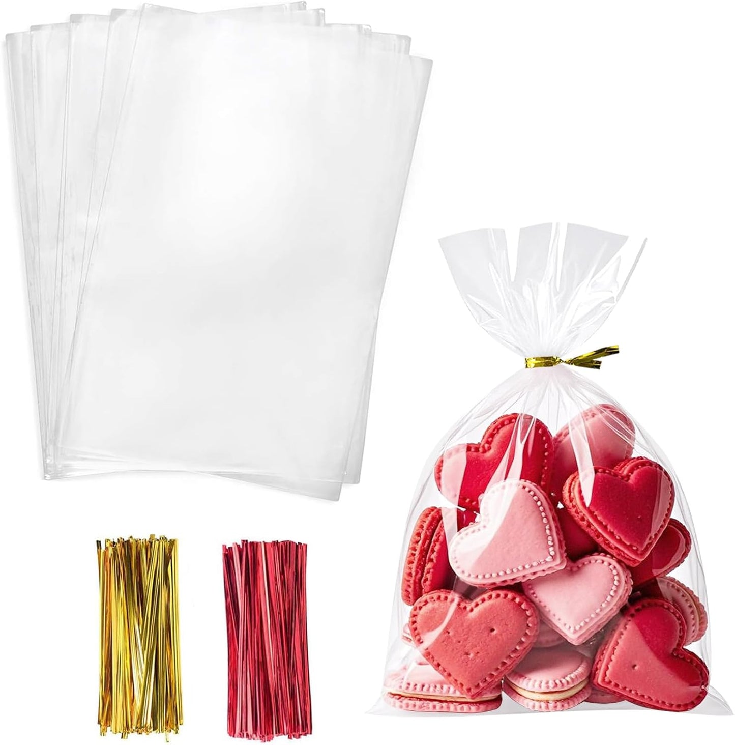 Cello Cellophane Treat Bags,5x7 Inches Clear Cellophane Bags 200 Pcs OPP Plastic Treat Bags with 200 Twist Ties for Gift Wrapping,Packaging Candies,Dessert,Bakery, Cookies, Chocolate,Party Favor