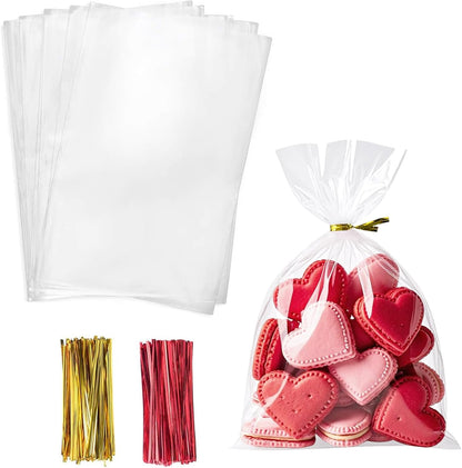 Cello Cellophane Treat Bags,5x7 Inches Clear Cellophane Bags 200 Pcs OPP Plastic Treat Bags with 200 Twist Ties for Gift Wrapping,Packaging Candies,Dessert,Bakery, Cookies, Chocolate,Party Favor