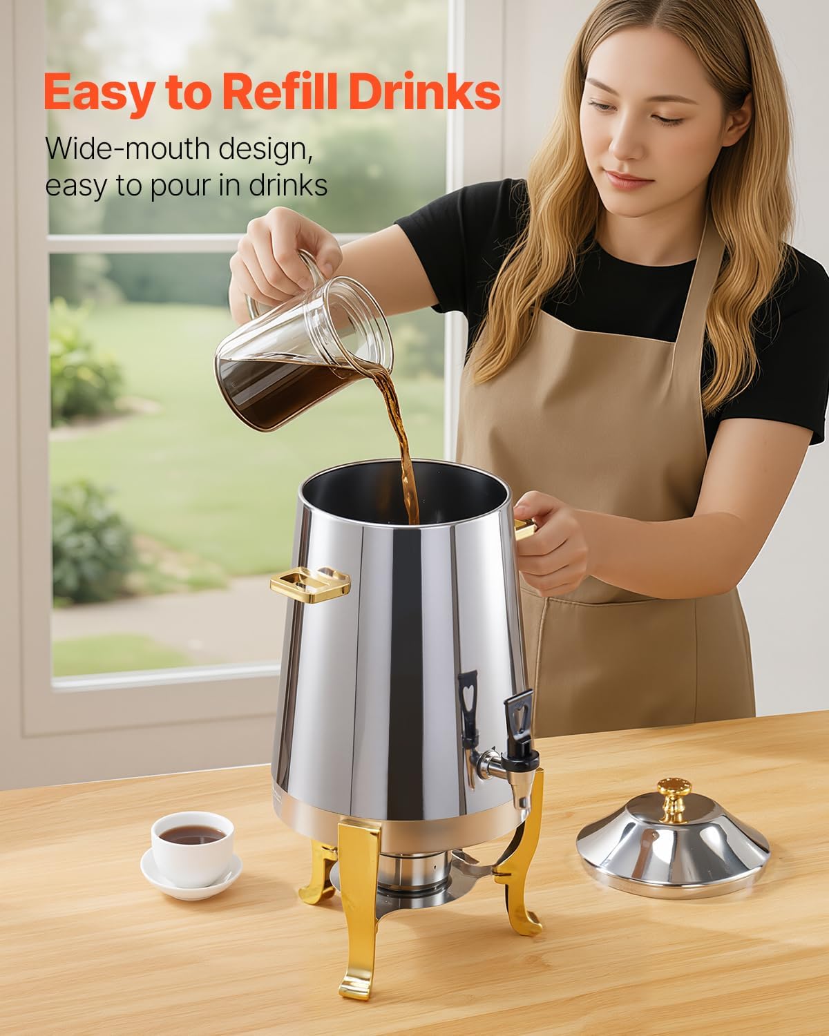 VEVOR Stainless Steel Beverage Dispenser, 3.4 Gallon Drink Dispenser with Alcohol Burner, Hot & Cold Drink Dispensers with Spigot for Coffee Tea Hot Water, Ideal for Restaurants, Hotels, Parties
