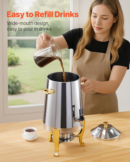 VEVOR Stainless Steel Beverage Dispenser, 3.4 Gallon Drink Dispenser with Alcohol Burner, Hot & Cold Drink Dispensers with Spigot for Coffee Tea Hot Water, Ideal for Restaurants, Hotels, Parties