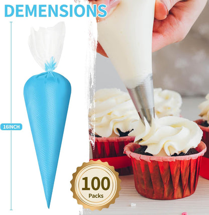 Azzuro Piping Bags Disposable 16 Inch, 100PCS Extra Thick Pastry Icing Piping Bags for Cake & Cookie, Non-Slip Anti-Burst Cake Frosting Decorating Bags Easy to Squeeze