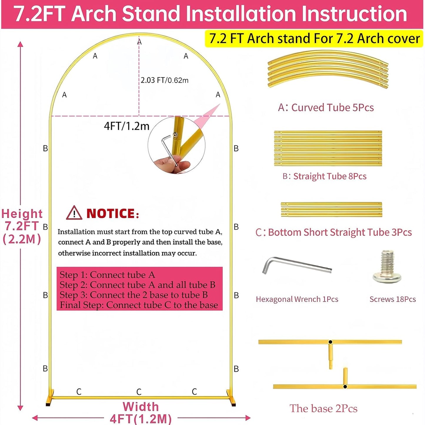 Metal Arch Backdrop Stand 7.2FT+6FT Wedding Arch Backdrop Stand Set of 2 Gold Arch Backdrop Stand for Valentines Day Party Wedding Ceremony Baby Shower Birthday Floral Balloon Decration