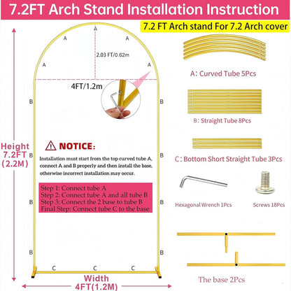 Metal Arch Backdrop Stand 7.2FT+6FT Wedding Arch Backdrop Stand Set of 2 Gold Arch Backdrop Stand for Valentines Day Party Wedding Ceremony Baby Shower Birthday Floral Balloon Decration