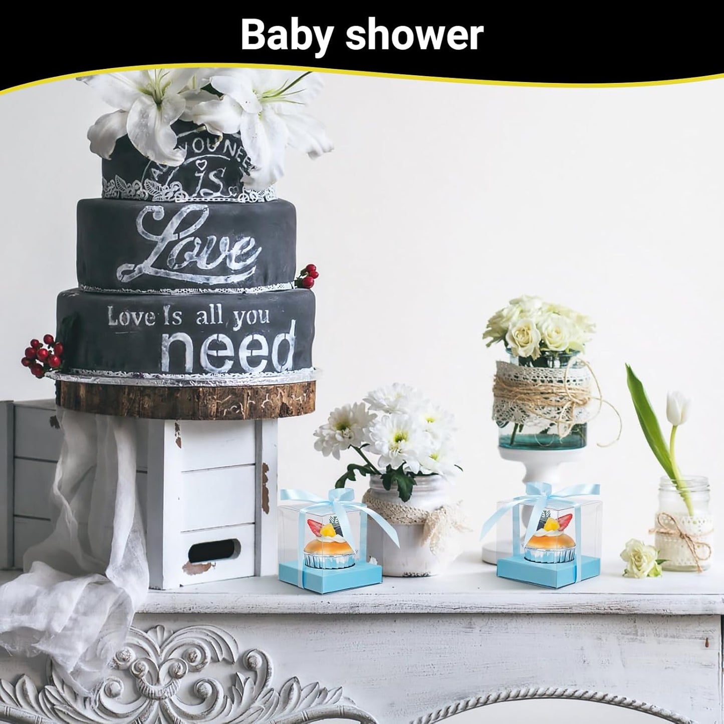 EUSOAR Individual Cupcake Holder, 50pcs 3.5 Inch Plastic Black Cupcake Containers with Lids, Single Transparent Display Clear Cupcake Carrier with Ribbon and Inserts for Wedding Party Favor