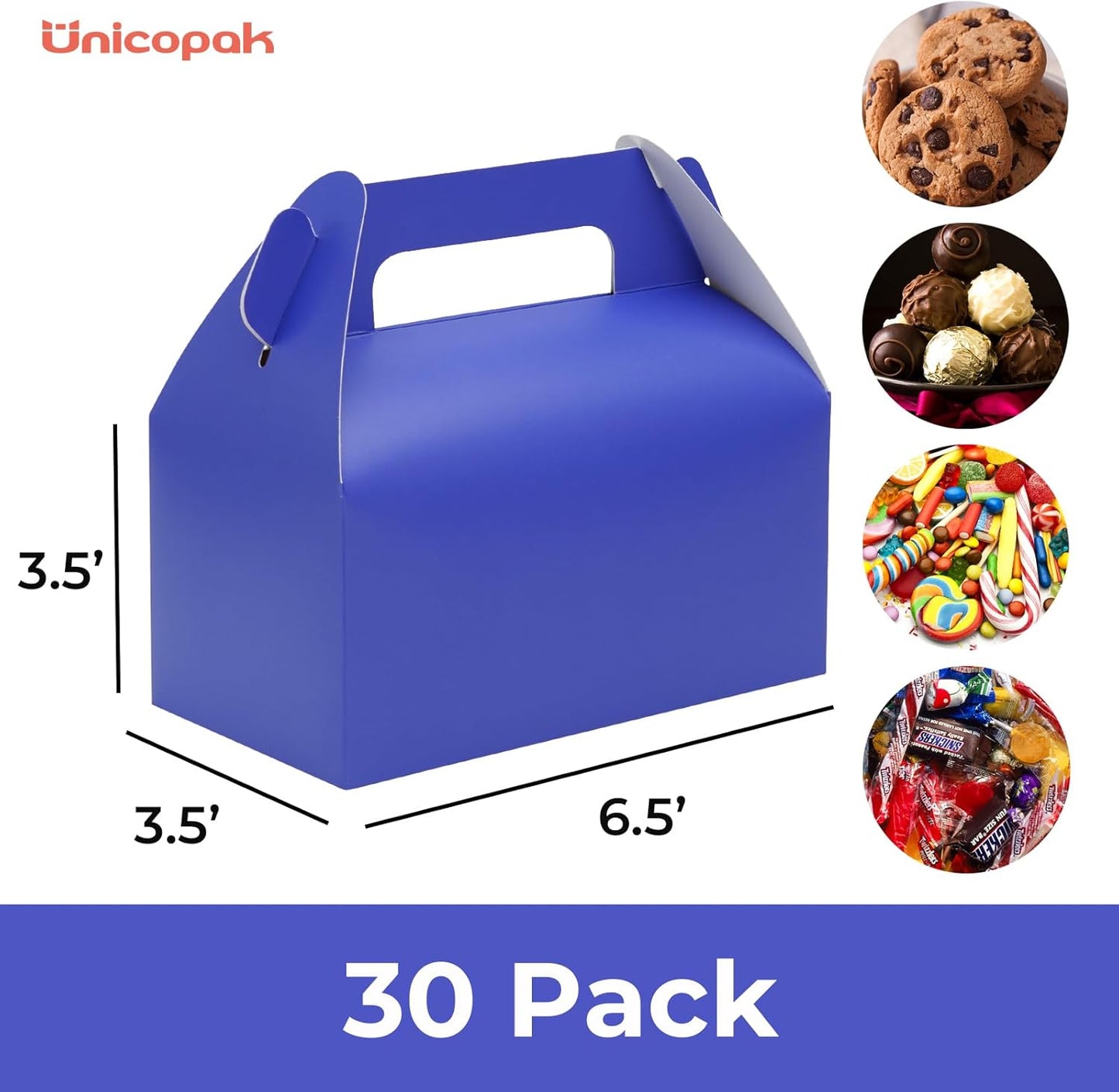 UnicoPak 30 Pack Party Favor Boxes Treat Boxes, White Gable Gift Boxes for Party Favors Goodies Cookies Treats Candies Meals Lunch, 6.5x3.5x3.5 Inches