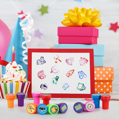 24 PCS Camp Party Favors Camping Adventure Mini Stamps Colorful Self Inking Stamps Camping Themed Party Favors for Boys Girls Student School Classroom Rewards Carnival Prizes Supplies