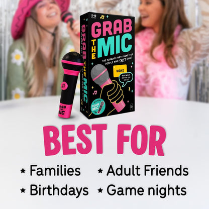 Lucky Egg Official Grab The Mic – Family Karaoke Board Game w/Foam Mic, 8+ Ages, 2-10 Players - Games for Bad Singers w/ 230 Lyrics (115 Cards)