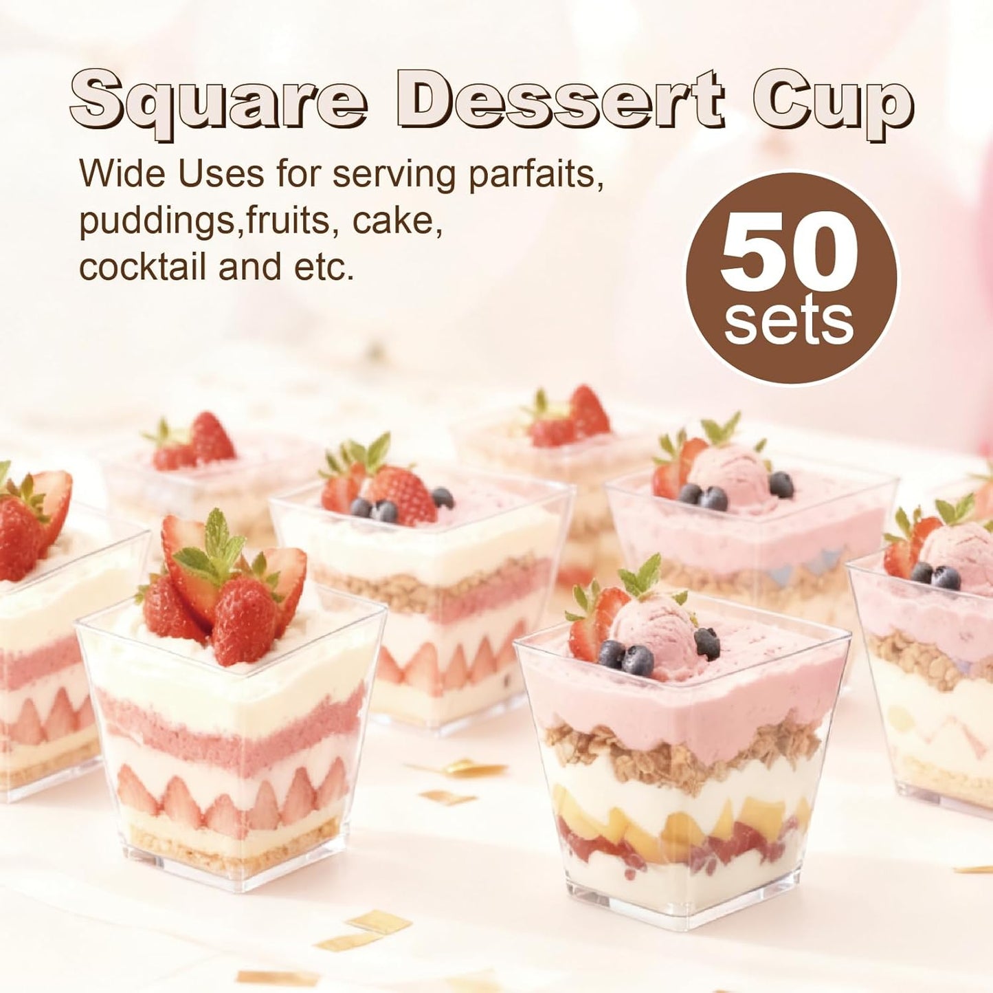 50-Pack 5oz Dessert Cups with Lids, Plastic Parfait/Pudding Cups, Small Plastic Containers with Spoons, Reusable Jello Cups for Yogurt, Fruit, Cake, Appetizers