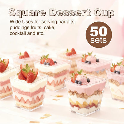 50-Pack 5oz Dessert Cups with Lids, Plastic Parfait/Pudding Cups, Small Plastic Containers with Spoons, Reusable Jello Cups for Yogurt, Fruit, Cake, Appetizers