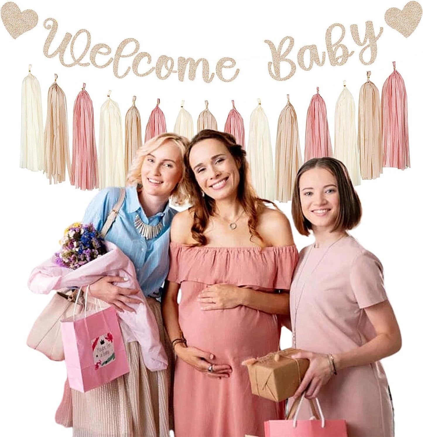 Champagne-Gold Beige Fall Baby-Shower Party-Decorations - 36pcs Welcome Home Banner Sign,Neutral Paper Lanterns,Girl Streamers Garland,Boho Hanging Tissue Pom Poms Flowers Fans Backdrop Decor Burgleda