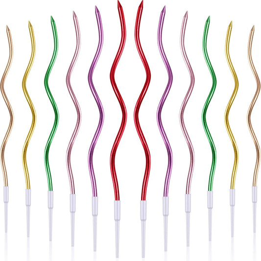 BBTO 12 Pcs Twisted Birthday Candles Spiral Metallic Cupcake Thin Long Cake Candles with Holders for Birthday Wedding Party(Gold)