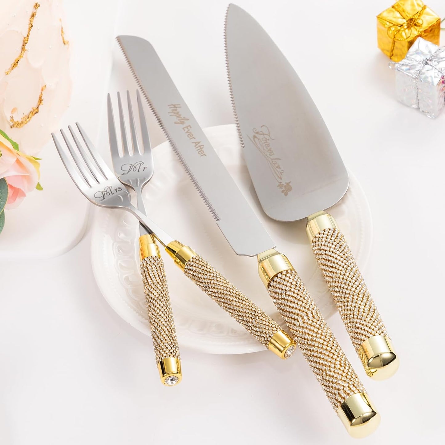 Wedding Cake Cutting Set, Wedding Cake Knife and Server Set with Fork for Mr Mrs for Anniversary Engagement Birthday