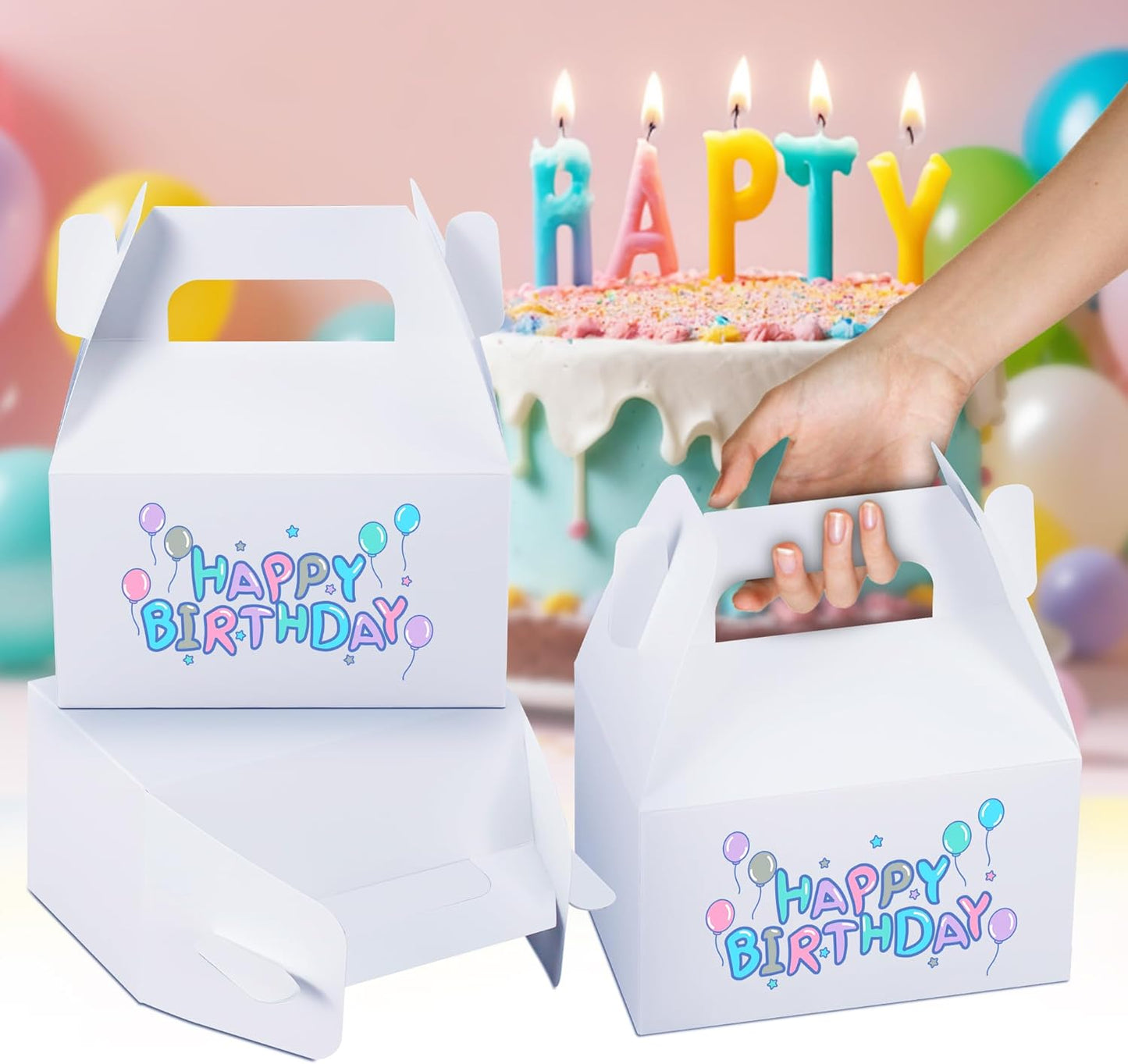 XAGLVV 24 Pack White Paper Gable Boxes,6.2 Inch Candy Boxes with Handle, Snack Party Favor& Gift Cookie bags for kids Birthday,Wedding, Baby Shower, Graduation.