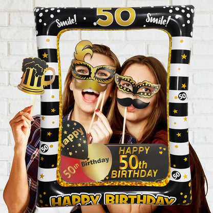 40th Birthday Photo Booth Props, LMSHOWOWO Inflatable Photo Booth Frame, Giant Black Gold Inflatable Selfie Frame, Birthday Party Photo Props, for Women Men Birthday Party Decorations, Random Style