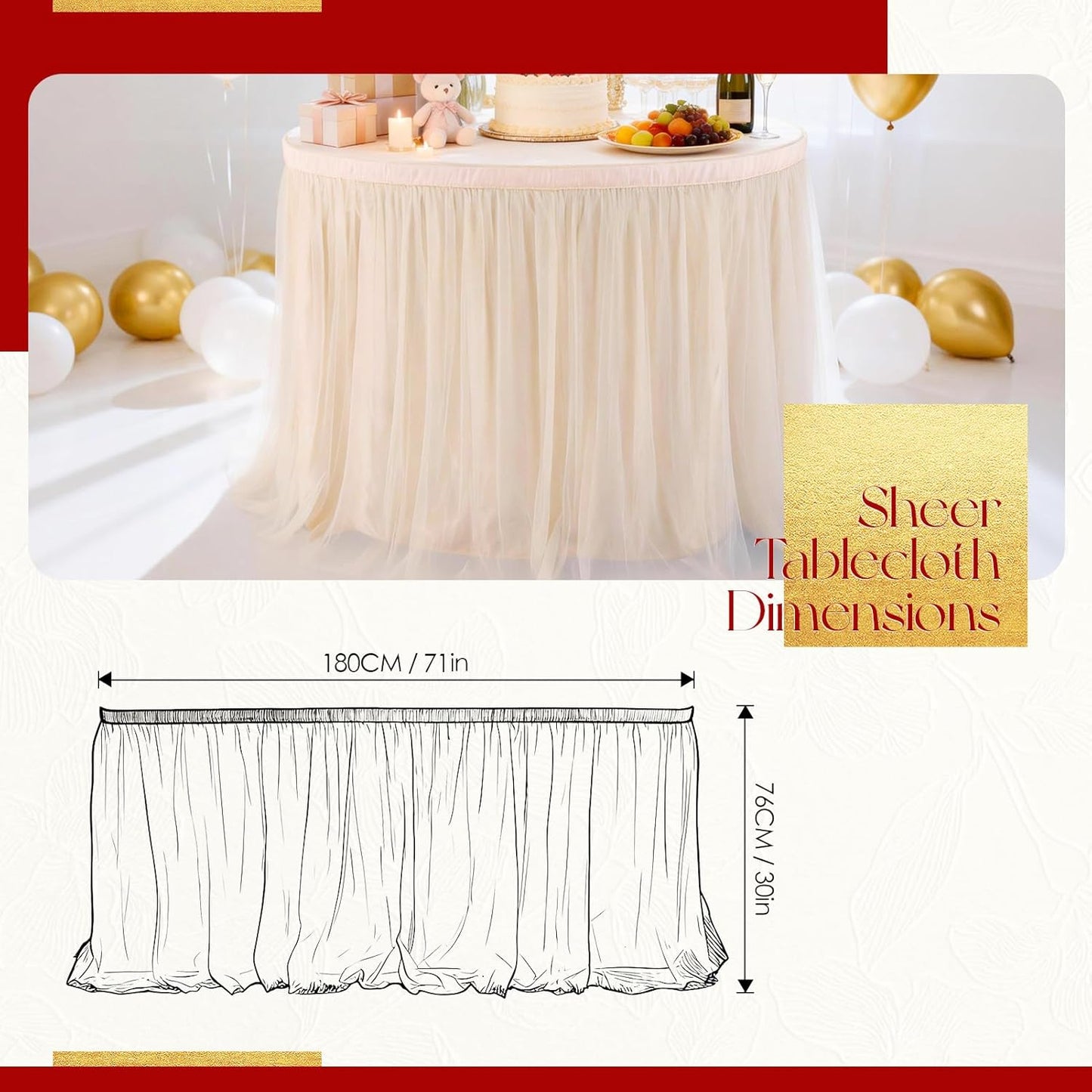 THARAHT Tulle Table Skirt 6FT 180CM Long for Rectangle Tables Round Tables Ruffle Desk Skirt for Princess Girls Birthday Party Cake Dessert Decorations Table Skirt