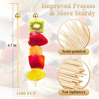 [300PCS] Cocktail Picks, Fancy Toothpicks for Appetizers Drinks Food Fruit, 4.7 IN Long Decorative Bamboo Skewers, Gold Pearl Wooden Garnish Sticks for Charcuterie Boards Accessories Party Supplies