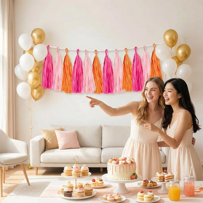 Tissue Paper Tassel Garland – 15-Pack Pink, Rose & Orange, 14-Inch DIY Party Decor for Baby Shower, Wedding & Photo Backdrop