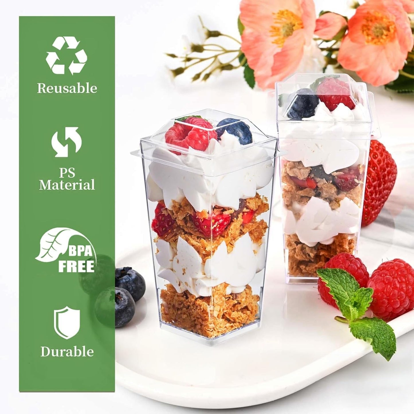 TOFLEN 50 Pack 5 oz Plastic Dessert Cups with High Lids for Party, Mini Dessert Cups with Spoons Dessert Shooter Cups for Yogurt Parfait, Appetizer, Pudding, Fruit and Ice Cream