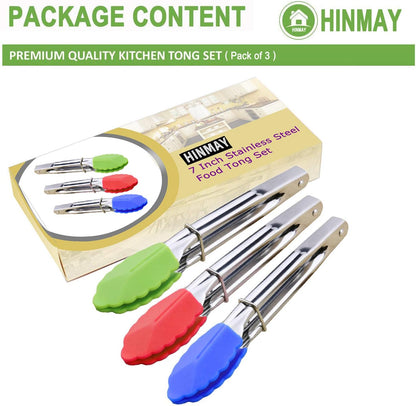 HINMAY Small Tongs with Silicone Tips 7-Inch Mini Serving Tongs, Set of 6 (Green Red Blue Purple Pink Orange)