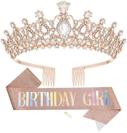 Birthday Tiara Crown with Sash for Women, Headband Hair Accessories for Wedding Party Costume