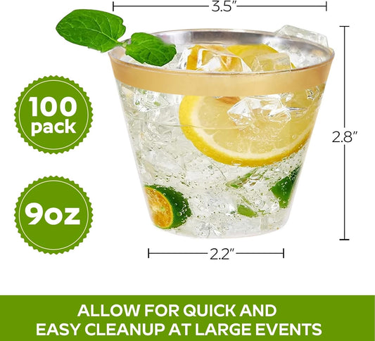 Tobvory 100 Pack Gold Rimmed Plastic Cups - 9 oz Hard Clear Plastic Cups, Premium Disposable Cup For Cocktail And Drinking - Food Grade Party Cups Set - Sturdy Tumbler Cup - Gold Rim