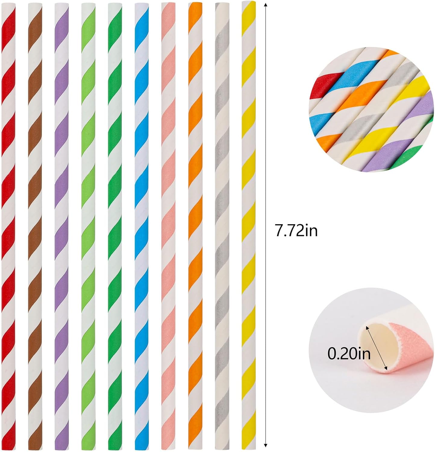 200Pcs Biodegradable Straws, 10 Colors Striped Paper Straws, Disposable Drinking Straws for Cocktail, Coffee, Lemonade