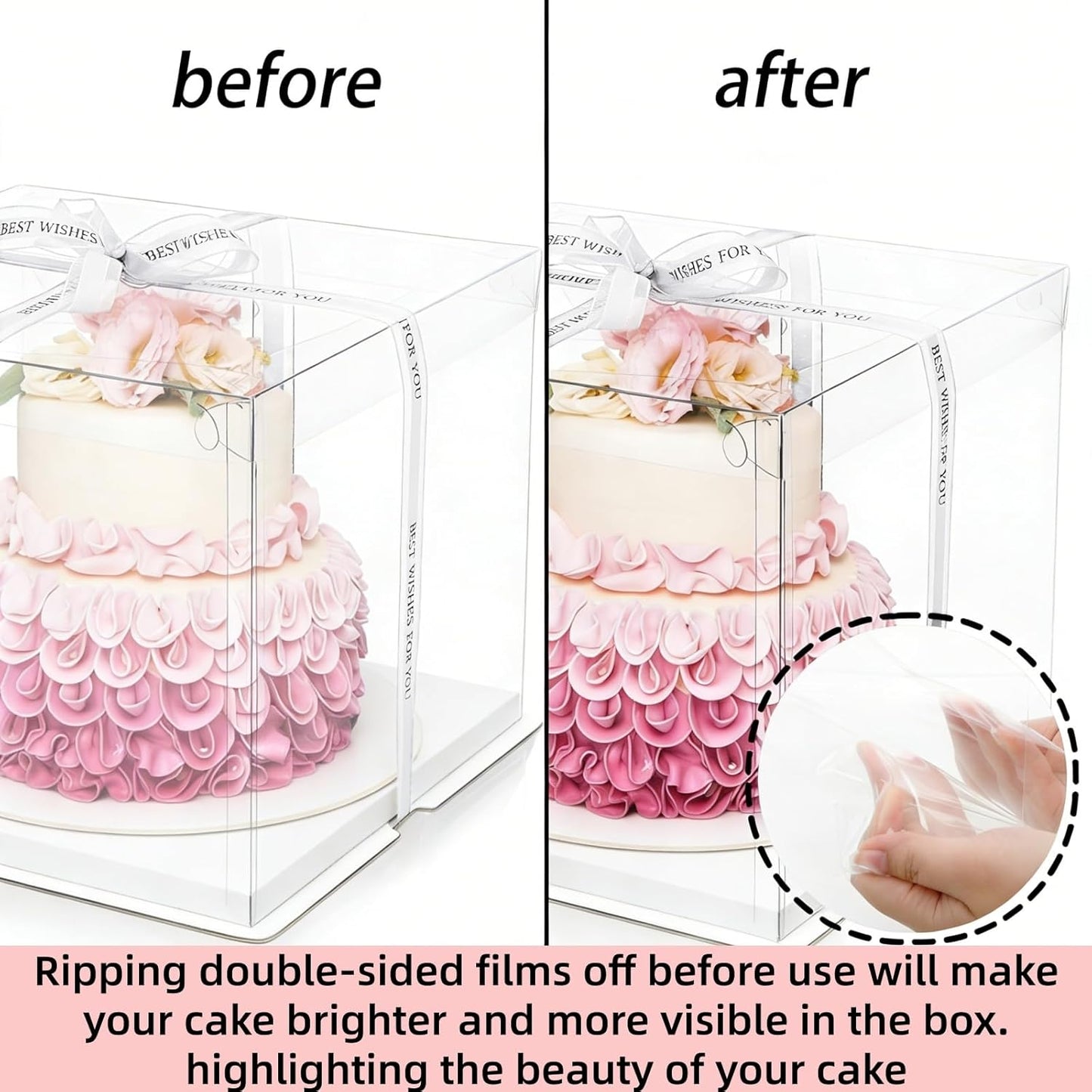 Cididu 6 Pcs Clear Cake Box with Ribbon 2-Layer 10x10x10 Inch, Transparent Cake Carrier Box with Lids, PET Tall Cake Packaging Boxes, Clear Gift Boxes for Mother's Day Birthday Wedding Festival Party