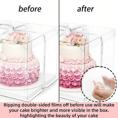 Cididu 6 Pcs Clear Cake Box with Ribbon 2-Layer 10x10x10 Inch, Transparent Cake Carrier Box with Lids, PET Tall Cake Packaging Boxes, Clear Gift Boxes for Mother's Day Birthday Wedding Festival Party