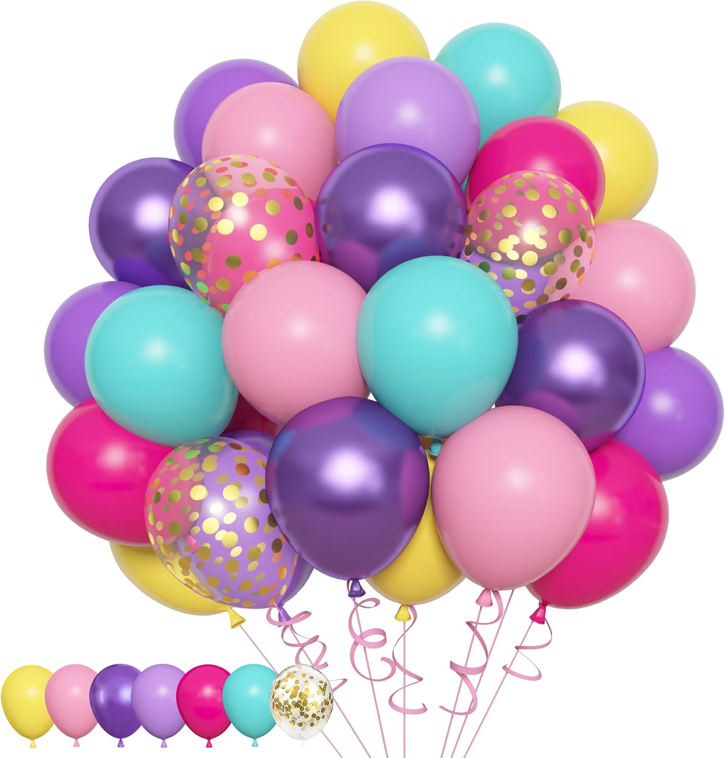 Amandir 153pcs Purple Blue Pink Balloon Garland Arch Kit, Different Sizes 18 12 10 5 inch Teal Yellow Latex Metallic Confetti Balloons for Magic Birthday Engagement Party Decoration