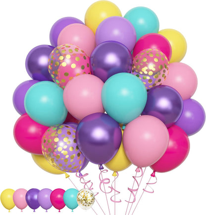 Amandir 153pcs Purple Blue Pink Balloon Garland Arch Kit, Different Sizes 18 12 10 5 inch Teal Yellow Latex Metallic Confetti Balloons for Magic Birthday Engagement Party Decoration