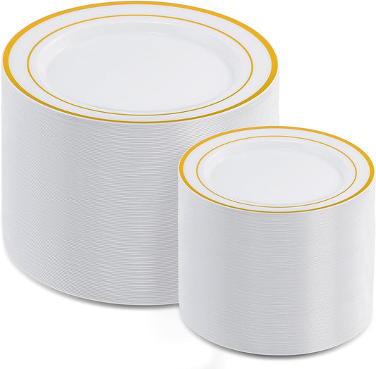 AOZITA 200 PCS White Plastic Plates, Premium Heavy Duty Disposable Plates for Party, 100 Dinner Plates & 100 Salad Dessert Plates, Sturdy Hard Plastic Dinnerware for Wedding, Events