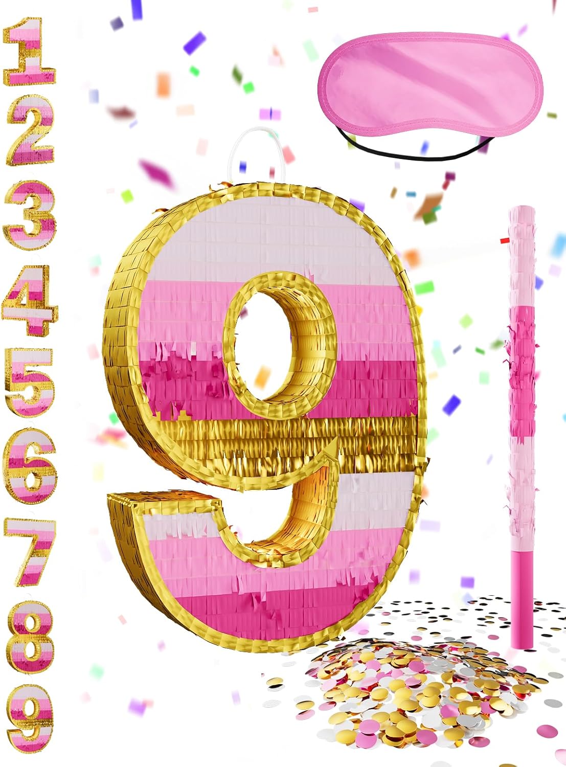 Number 5 Piñata with Stick, Blindfold & Confetti-Pink Piñata for Birthday Parties, Complete Party Game Set for Kids Girls-Gradient Pink Birthday Decor with Fillable Design(Small, 16.5 x 11.5 x 3 In)