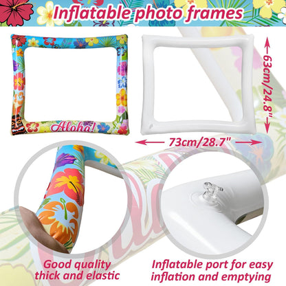 37Pcs Aloha Luau Party Inflatable Selfie Photo Frame & Photo Booth Props Set Hawaiian Party Selfie Props for Pictures and Decorations Summer Tropical Flamingo Tiki Birthday Party Supplies