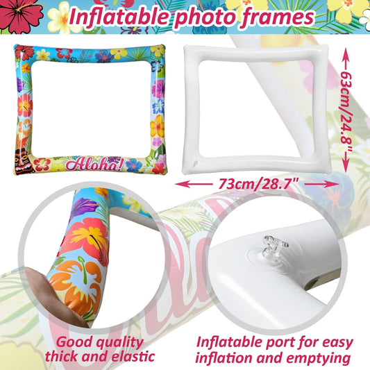 37Pcs Aloha Luau Party Inflatable Selfie Photo Frame & Photo Booth Props Set Hawaiian Party Selfie Props for Pictures and Decorations Summer Tropical Flamingo Tiki Birthday Party Supplies