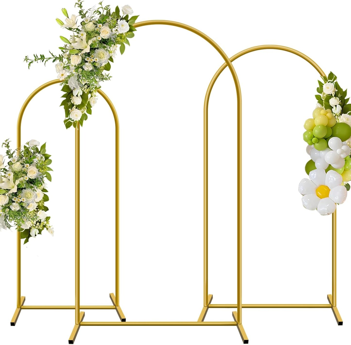 Metal Arch Backdrop Stand, Set of 3 (4ft / 5ft / 6ft) Gold Arch Backdrop with 12 Ground Nails, Stable Arched Background Stand for Wedding, Baby Shower, Birthday Party, Photography