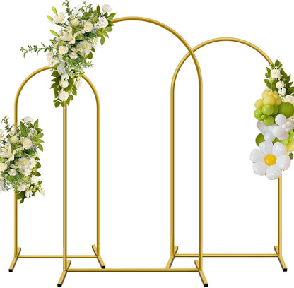 Metal Arch Backdrop Stand, Set of 3 (4ft / 5ft / 6ft) Gold Arch Backdrop with 12 Ground Nails, Stable Arched Background Stand for Wedding, Baby Shower, Birthday Party, Photography