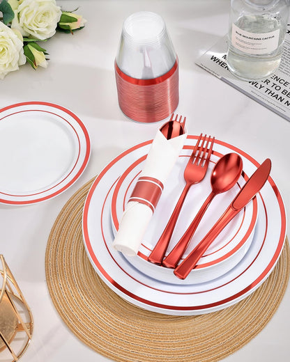 Goodluck 350 Piece Silver Plastic Dinnerware Set for 50 Guests, Fancy Disposable Plates for Party, Include: 50 Dinner Plates, 50 Dessert Plates, 50 Pre Rolled Napkins with Silver Silverware, 50 Cups