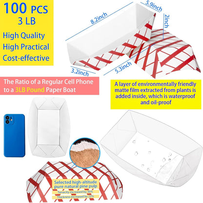 100 Pack 3lb Paper Food Trays,Disposable Greaseproof Kraft Checkered Carnival Food Serving Take Out Basket Tray Boat for Snacks Fries Nachos Popcorn Hot Dogs Carnival Wedding Party Picnic