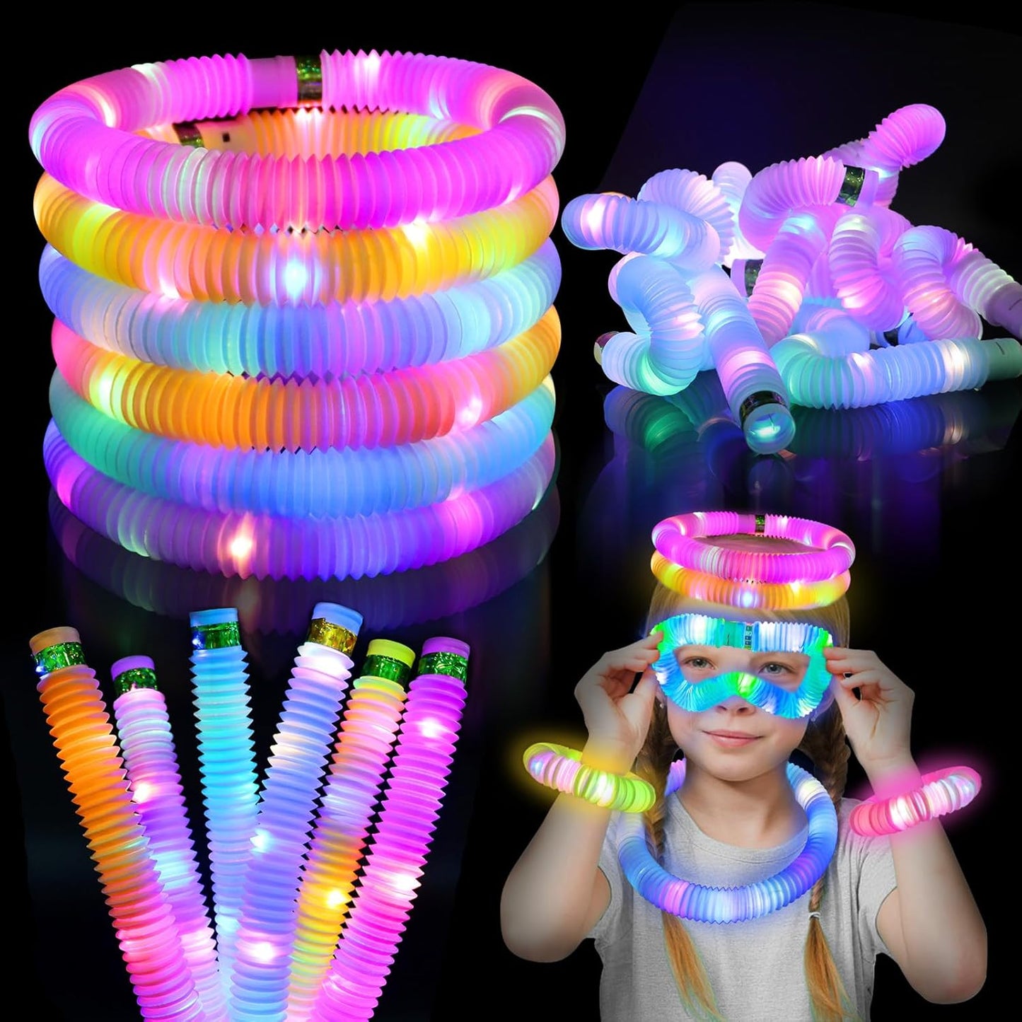 Light Up Glow Sticks Fidget Pop Tubes, 24 Pack Glow in The Dark Party Supplies Toddler Sensory Toys, Glow Stick Thanksgiving Christmas Party Favors Party Pack Gifts for Kids