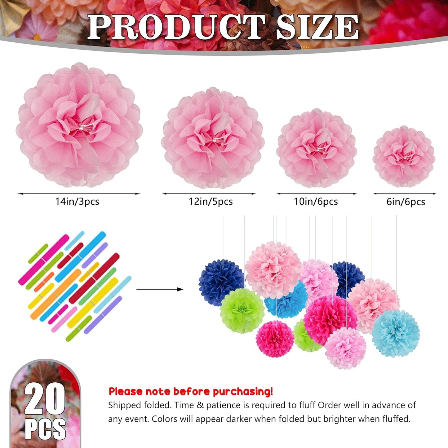 Tissue Paper Pom Poms, Pink Tissue Paper Flowers, Hanging Flower Balls for Weddings Fiesta Parties Birthday Baby Showers Classroom Bridal Shower Decoration (18Piece Set-6/10/12/14Inch)