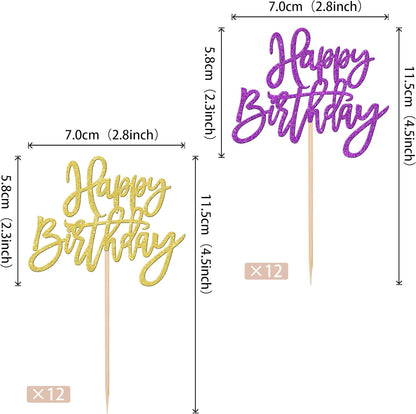 24 PCS Happy Birthday Cupcake Toppers Glitter Picks for Celebrating Anniversary Theme Party Cake Decorations Supplies Gold