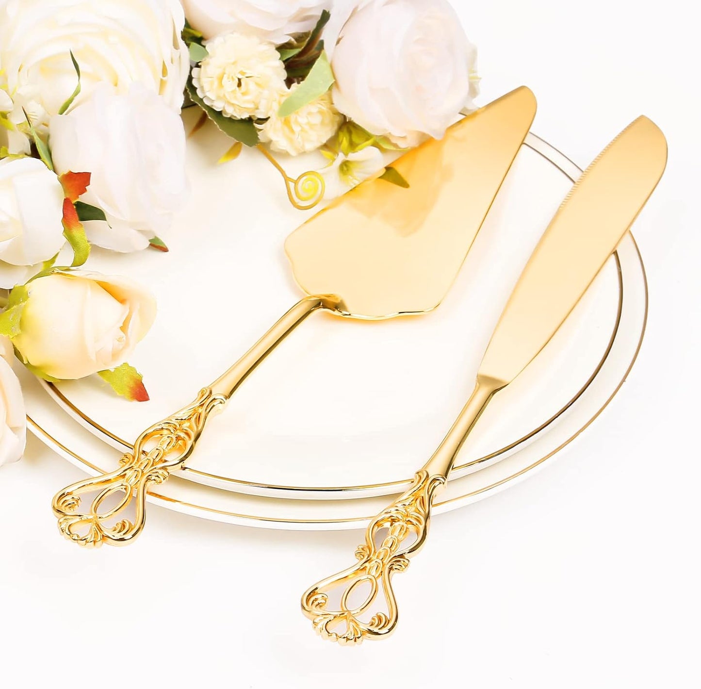 Wedding Cake Knife and Server Set, Personalized Gold Cake Cutting Set for Wedding, Engraved Classic Cake Knives Cutter Set, Pie Server, Birthday Bridal Quinceañera Gift (CUS-Flower)