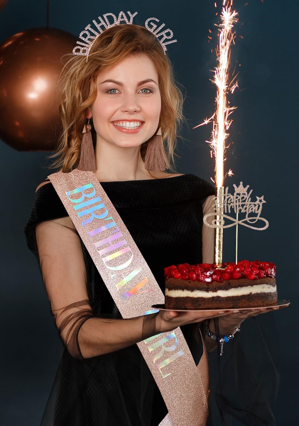 3 Pack Rose Gold Birthday Girl Sash and Rhinstone Headband Set for Women Glittery Cake Topper Happy Birthday Crown&Tiara Accessories Decorations Gifts for Kids.