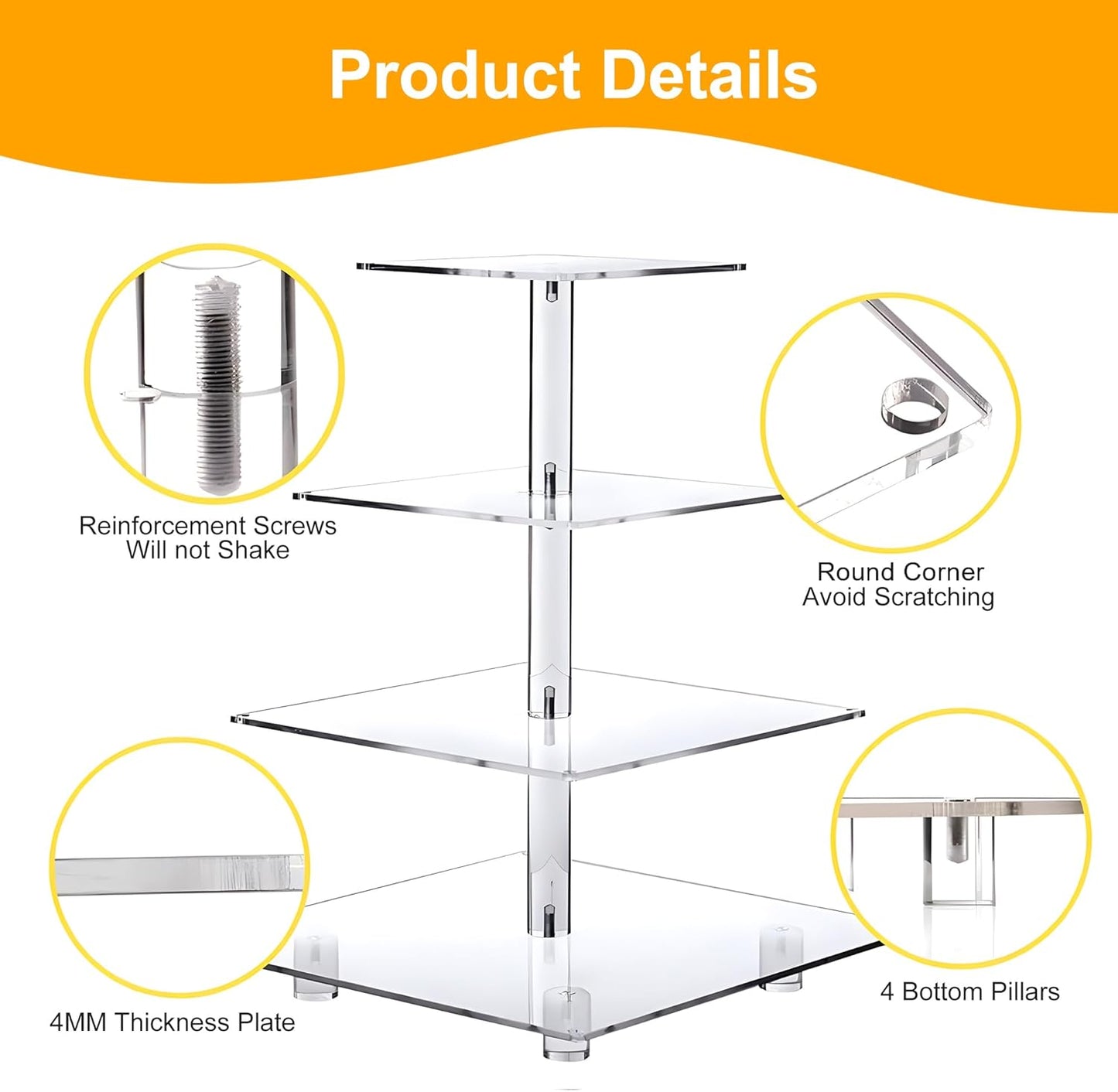 YestBuy Cupcake Stand with Yellow Led Lights, 4 Tier Cupcake Stand for 50 Cupcakes, Acrylic Cupcake Tower Stand, Clear Tiered Cupcake Holder for Birthday Cady Bar Décor Weddings, Parties Events