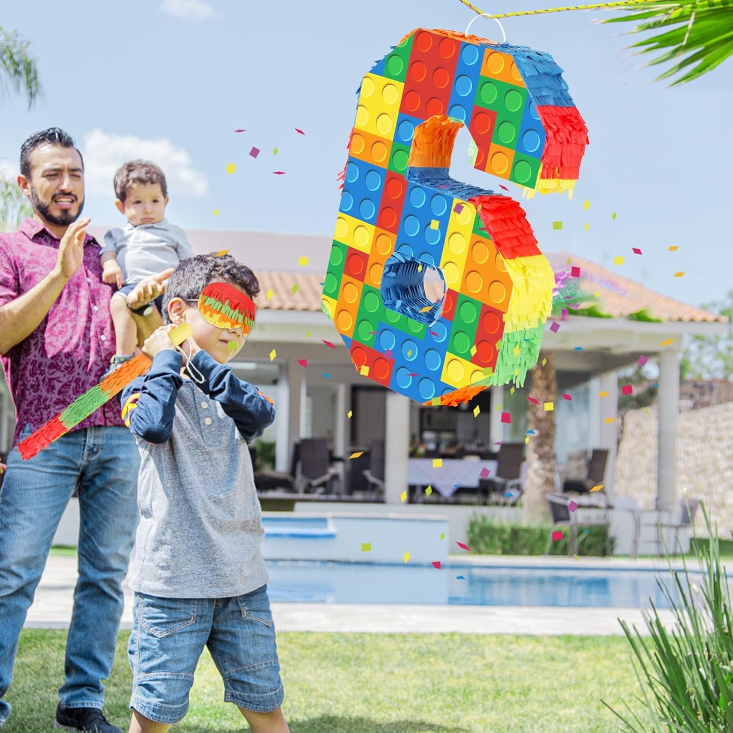 Number 7 Pinata Building Blocks with Pinata Stick Blindfold 7th Birthday Party Decorations Happy Birthday Building Block Theme Anniversary Party Supplies for Kids (Small, 16 x 10.6 x 3 in)